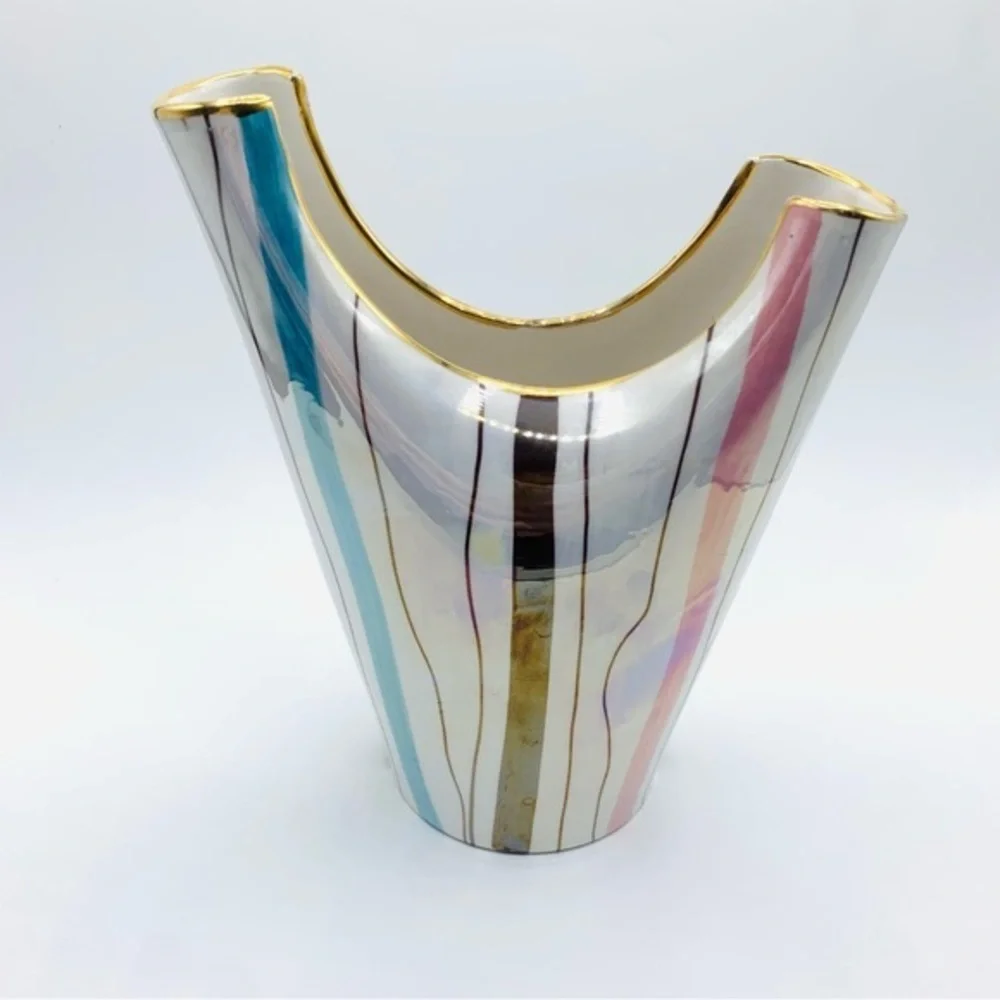 Vintage MCM Italian Iridescent Striped Vase with Gold Trim – 8.5”